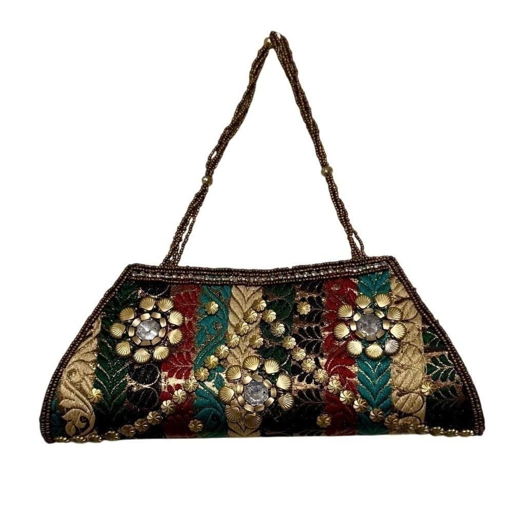 Vintage Evening Bag Jewel Tones Rhinestones Frame Purse Gold Beaded Strap Glam